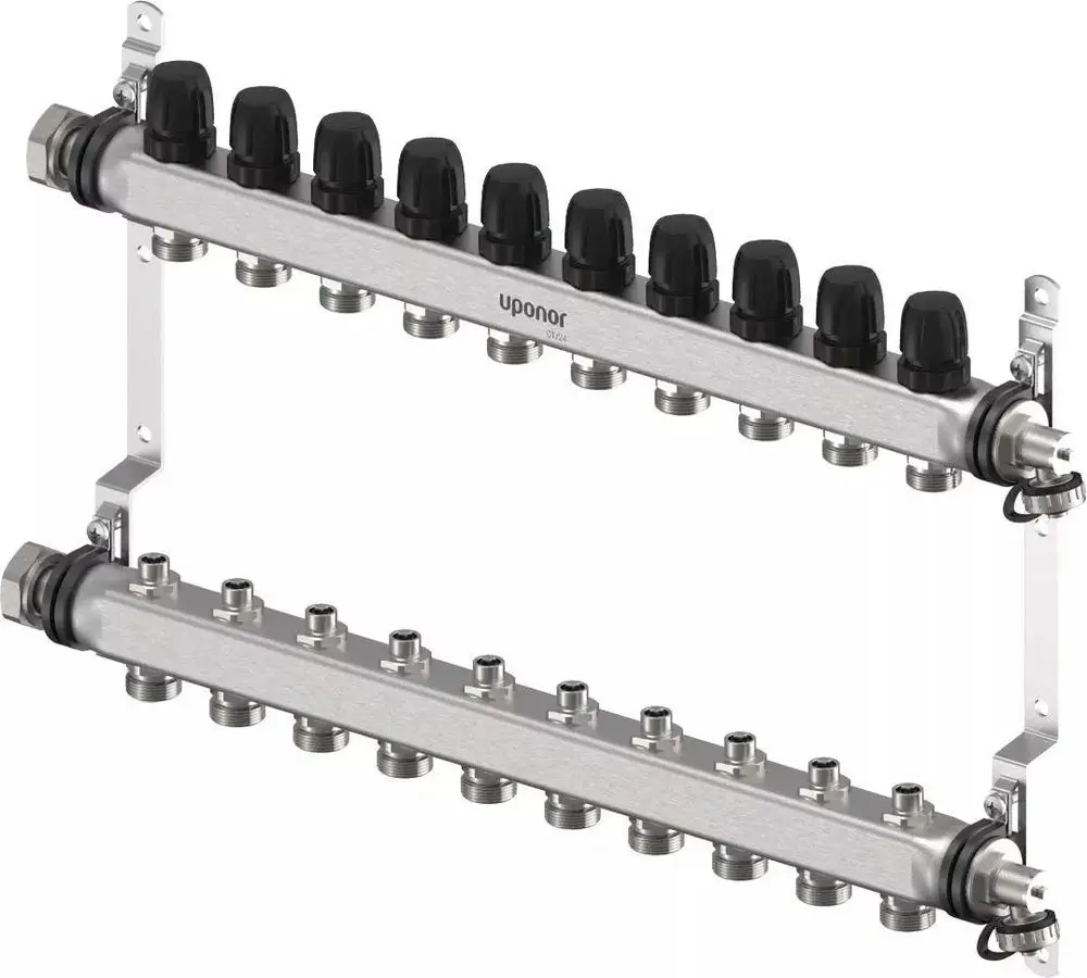 Verteiler von Uponor mit mehreren Anschlüssen, bestehend aus zwei horizontalen Reihen, ausgestattet mit schwarzen Drehverschlüssen und Anschlussmöglichkeiten für Rohrleitungen.